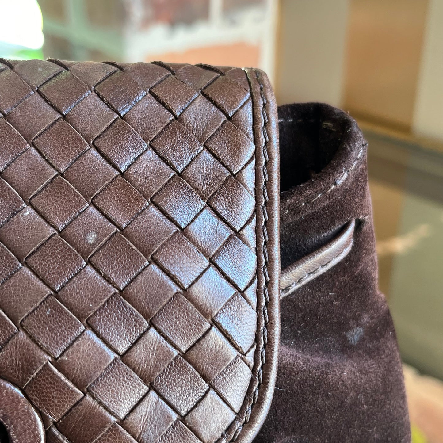 BOTTEGA VENETA Brown Suede Intrecciato Flap Mini Backpack