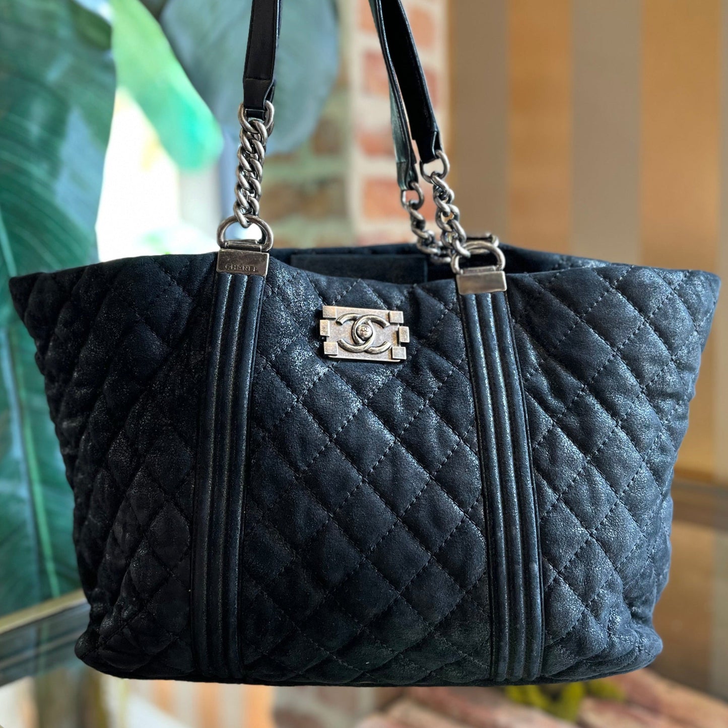 CHANEL Black Iridescent Calfskin Quilted Large Gentle Boy Shopping Tote ADI1065