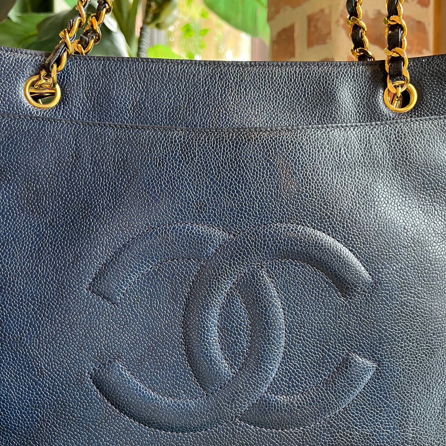 CHANEL Navy Blue Caviar Leather Timeless Chain Tote TS