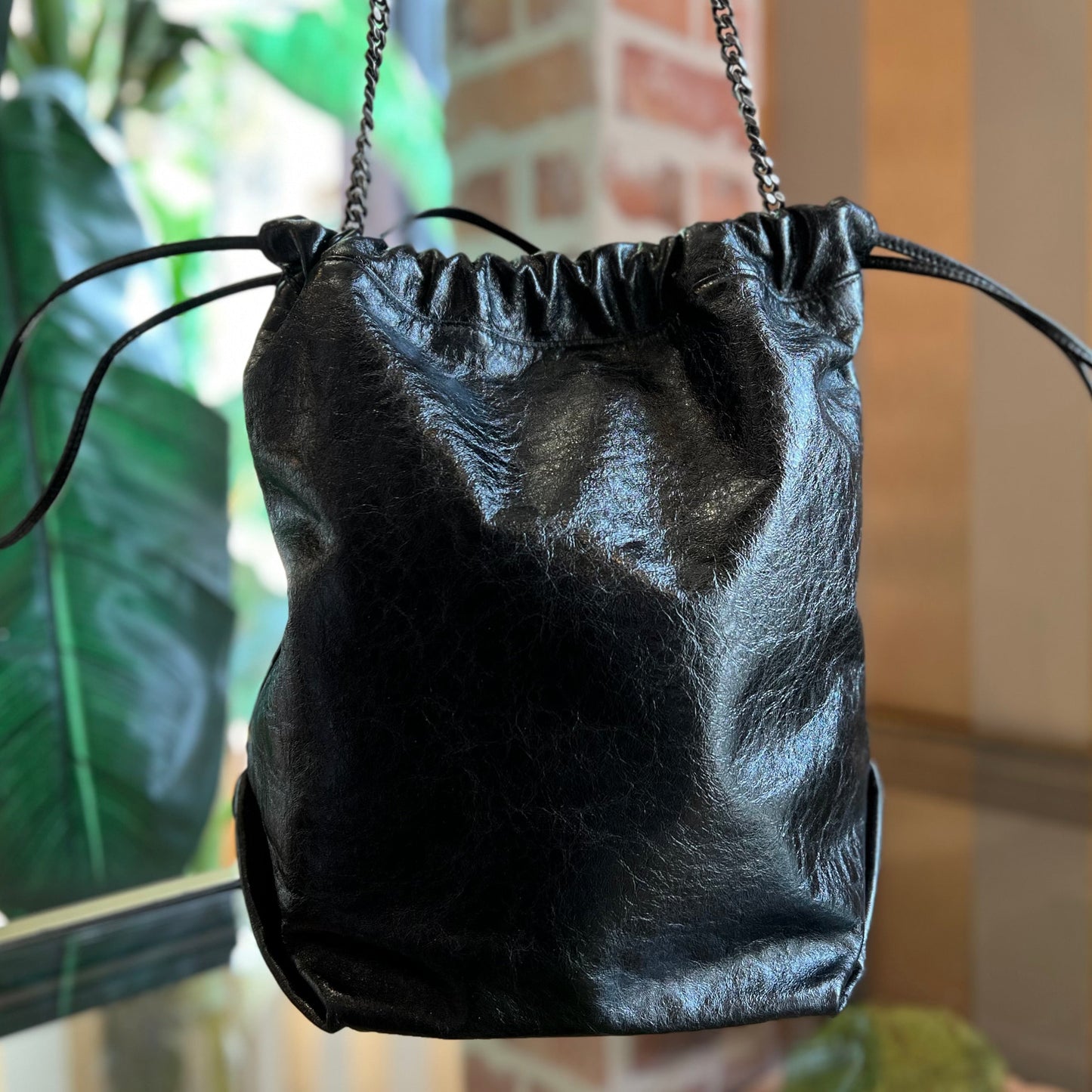 SAINT LAURENT Black Glazed Leather Teddy Bucket Bag