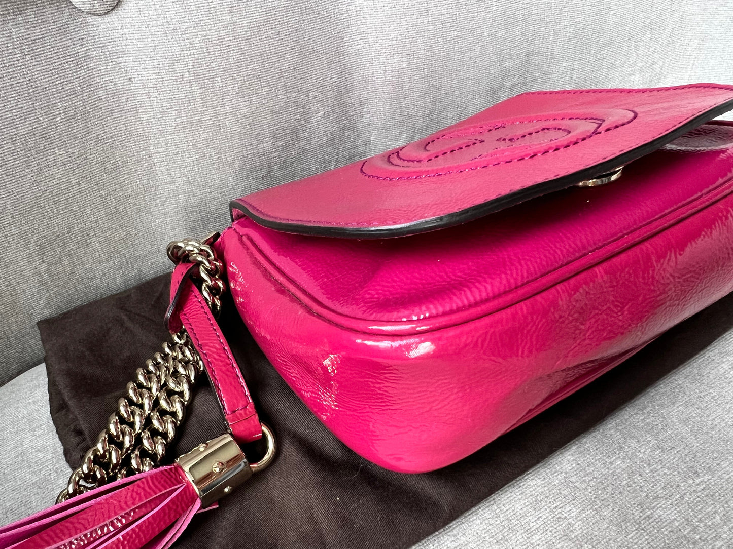 Gucci Pink Patent Mini Soho Chain Crossbody Flap Bag