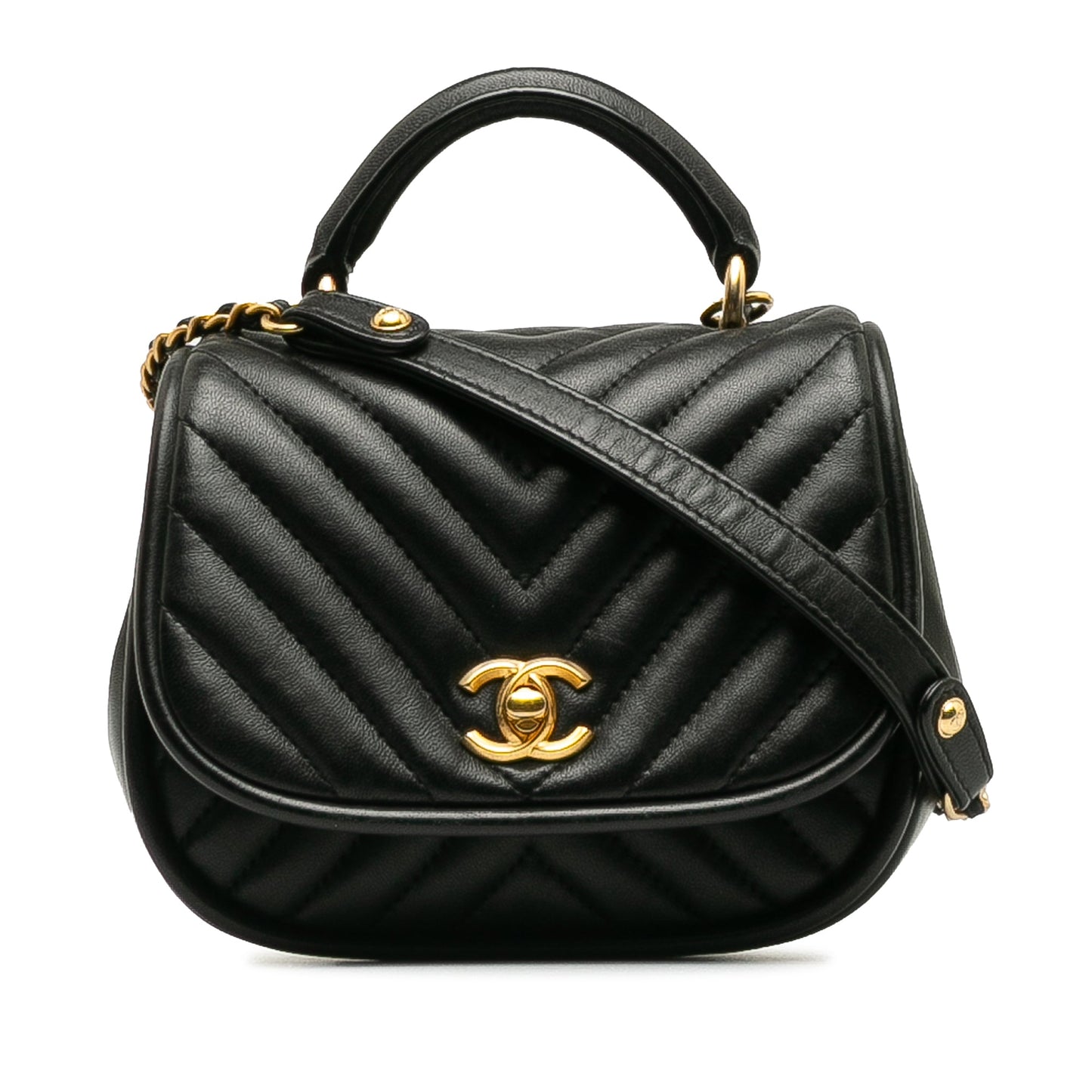 Chanel Reverse Round Mini Black Quilted Chevron Lambskin Gold