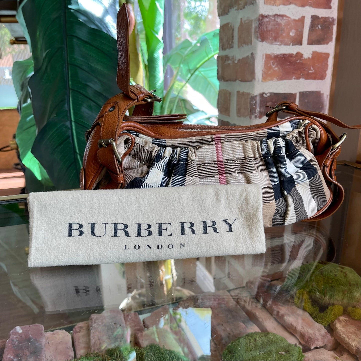 BURBERRY Check Brown Leather Shoulder Bag