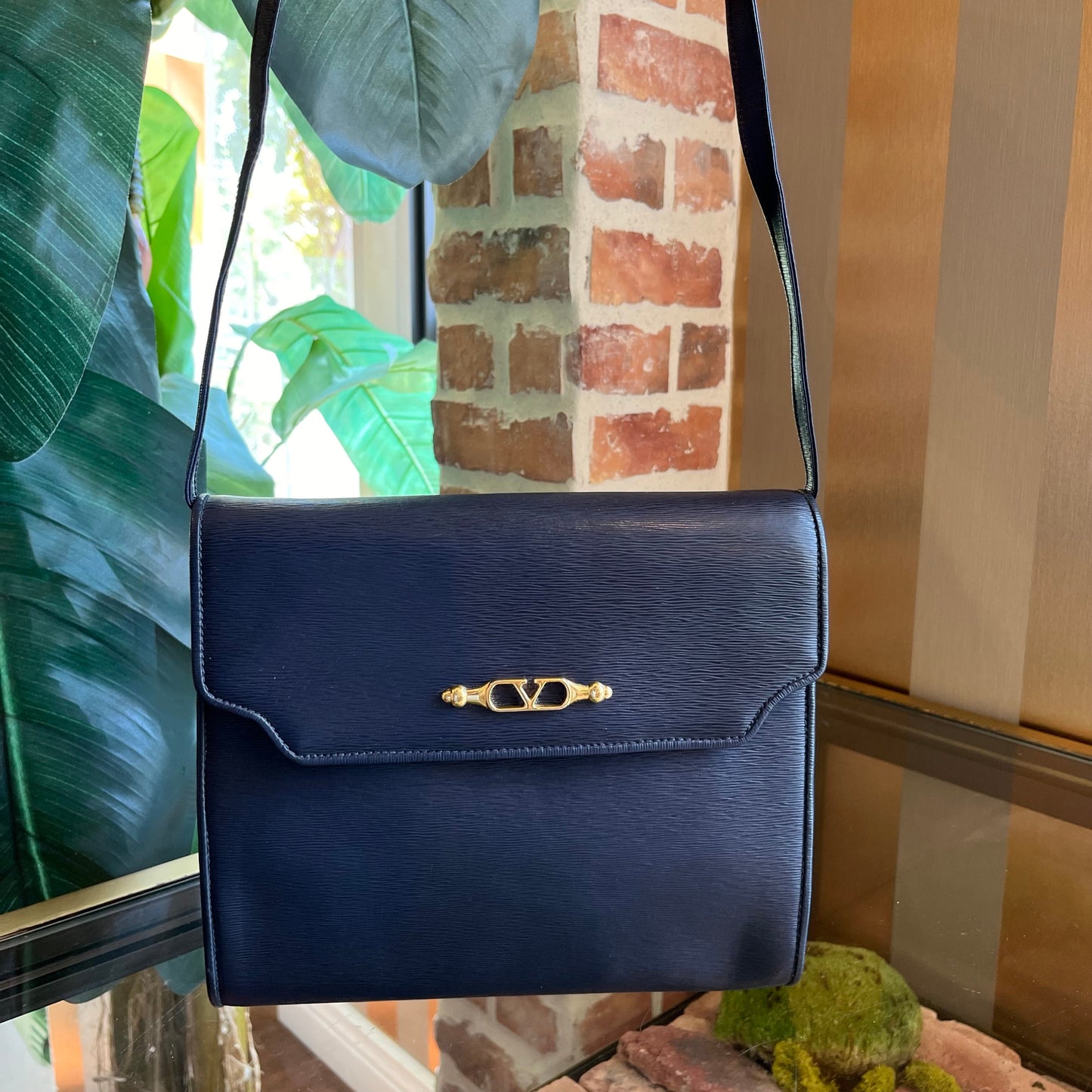 VALENTINO Navy Blue Vintage Textured Leather Crossbody