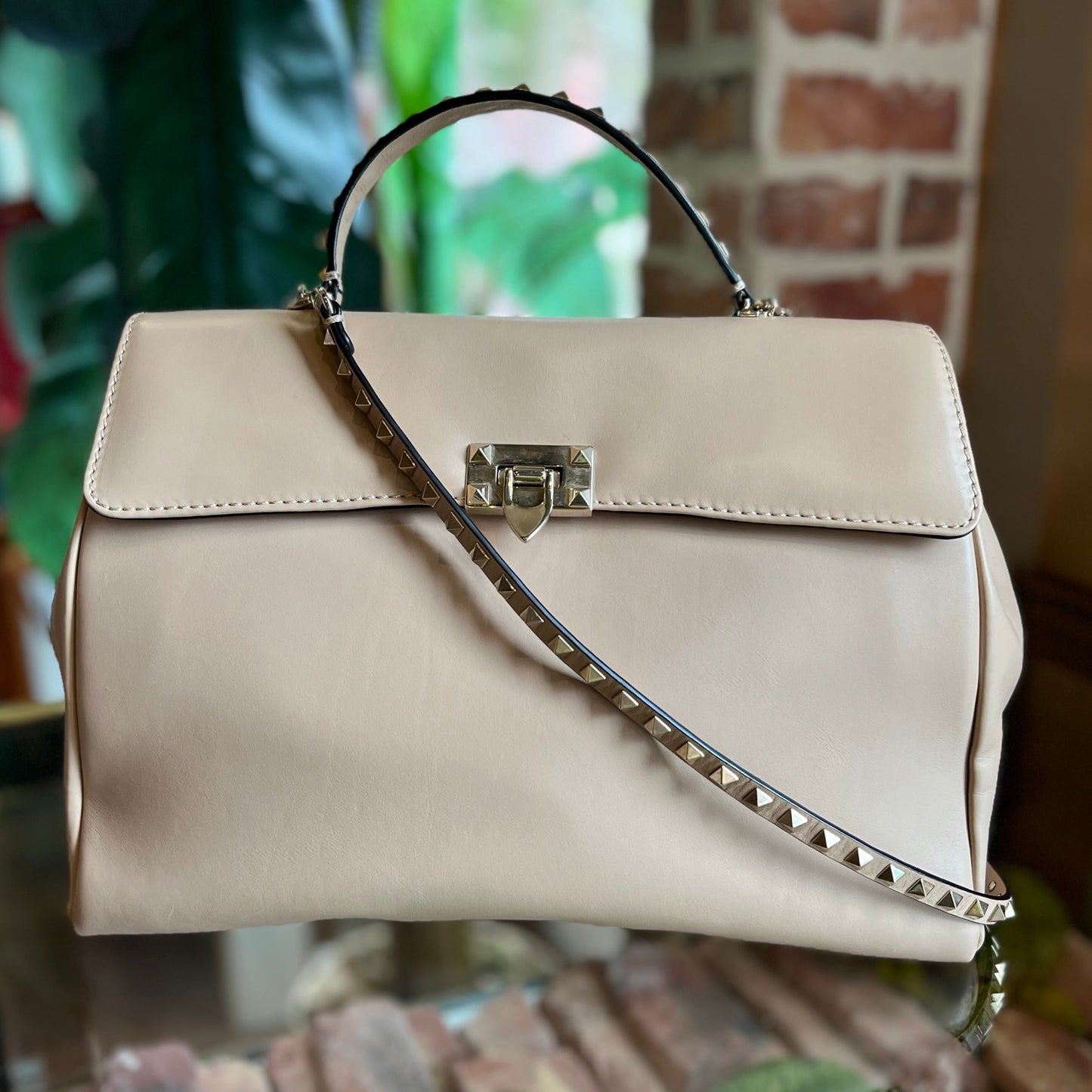 VALENTINO Rockstud Beige Leather Top Handle