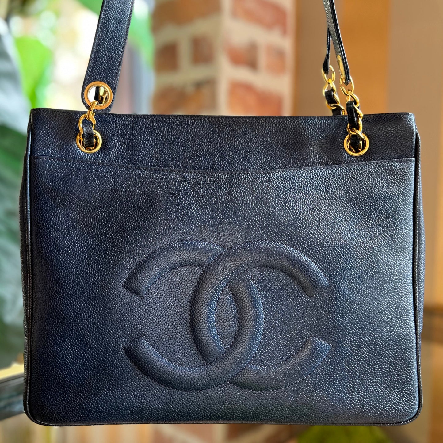 CHANEL Navy Blue Caviar Leather Timeless Chain Tote TS