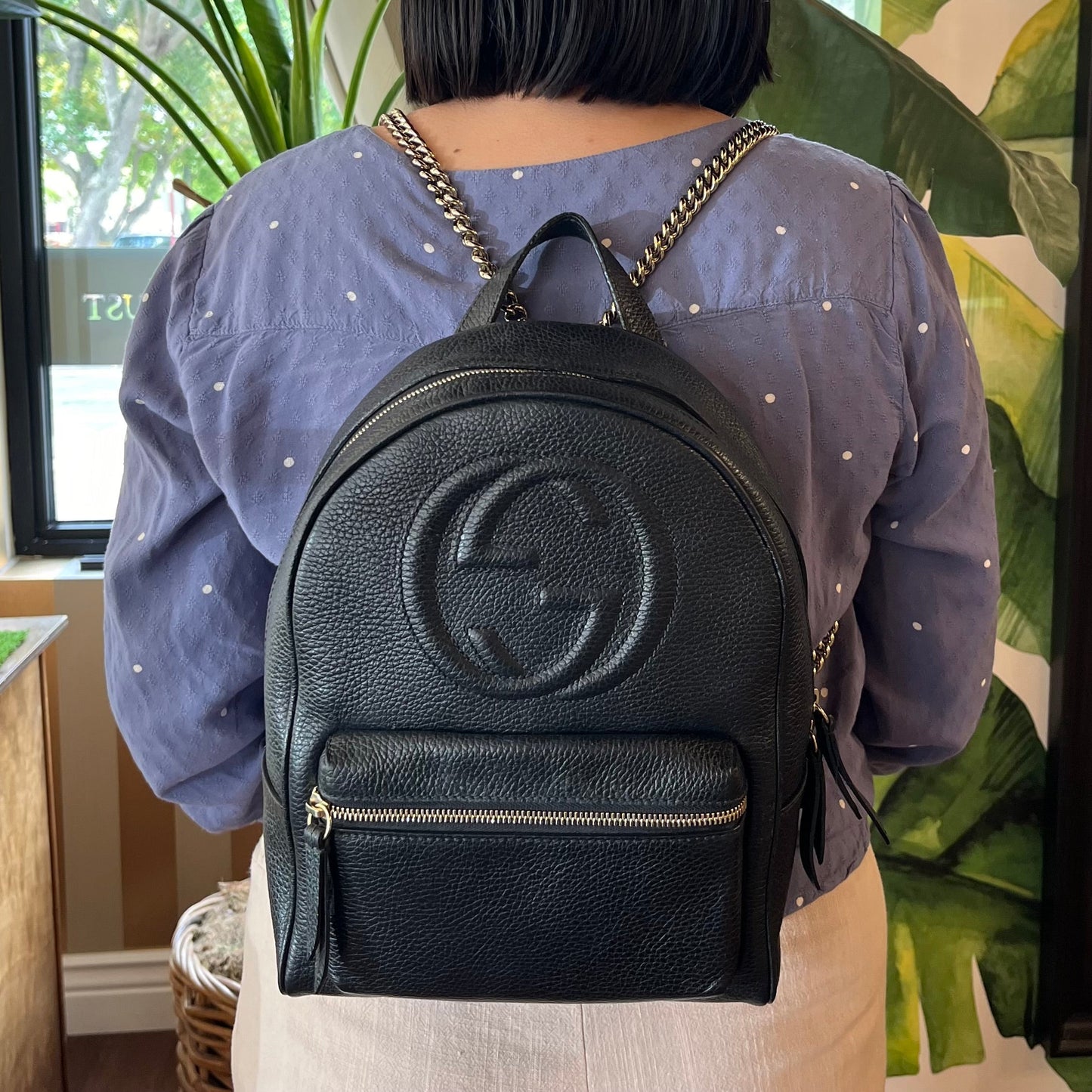 GUCCI Black Pebbled Leather Soho Chain Backpack TS3103