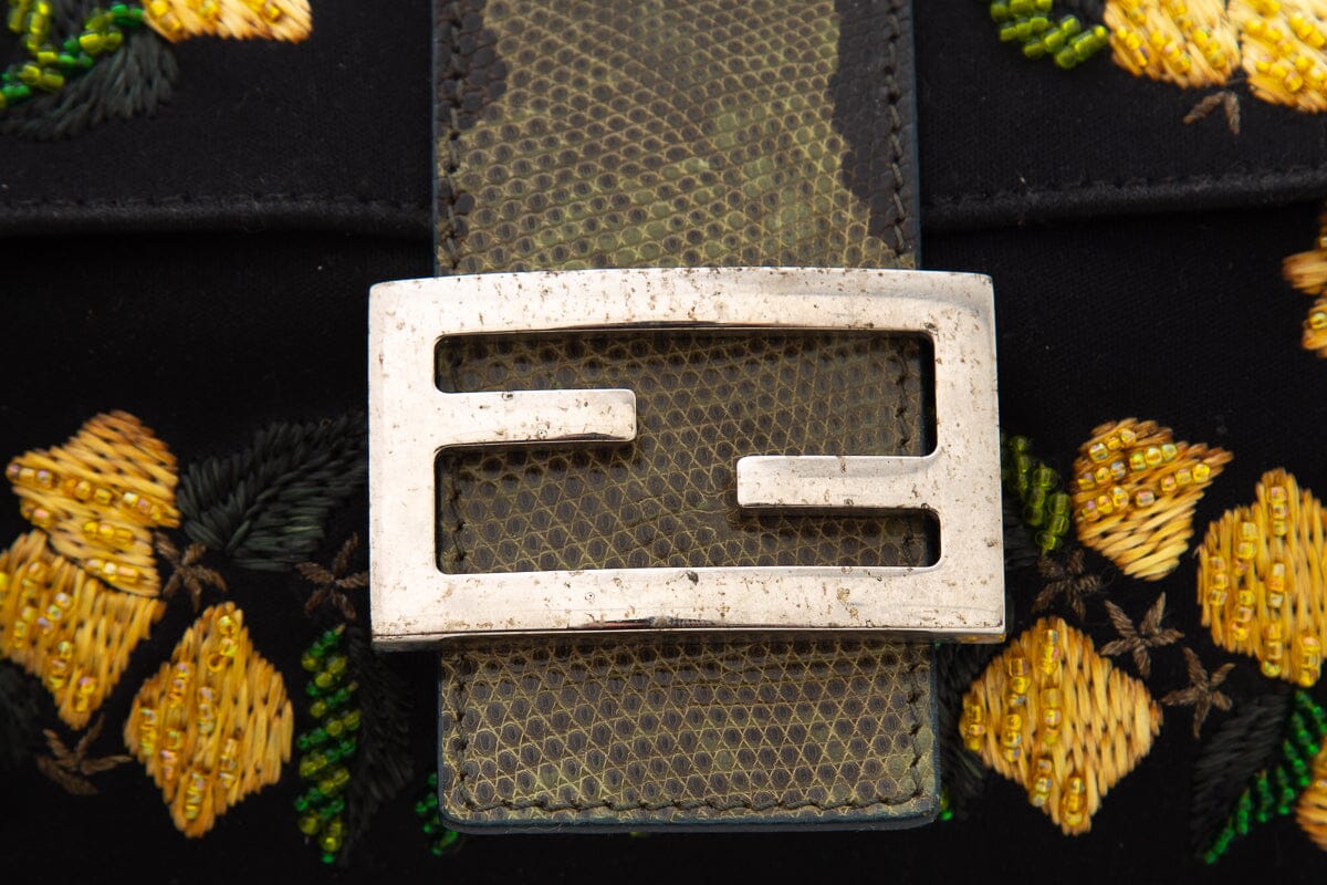 Fendi Black & Multi Beaded Floral Applique Baguette