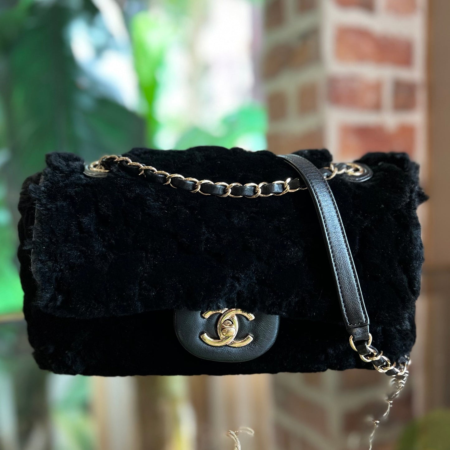 CHANEL Flap Black Rabbit Fur Shoulder Bag