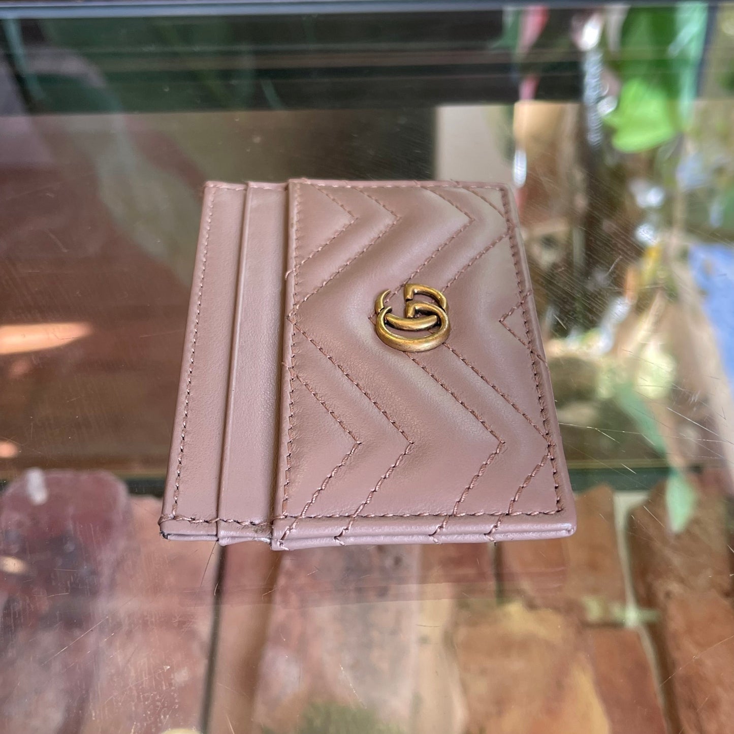 GUCCI Taupe GG Marmont Leather Card Case