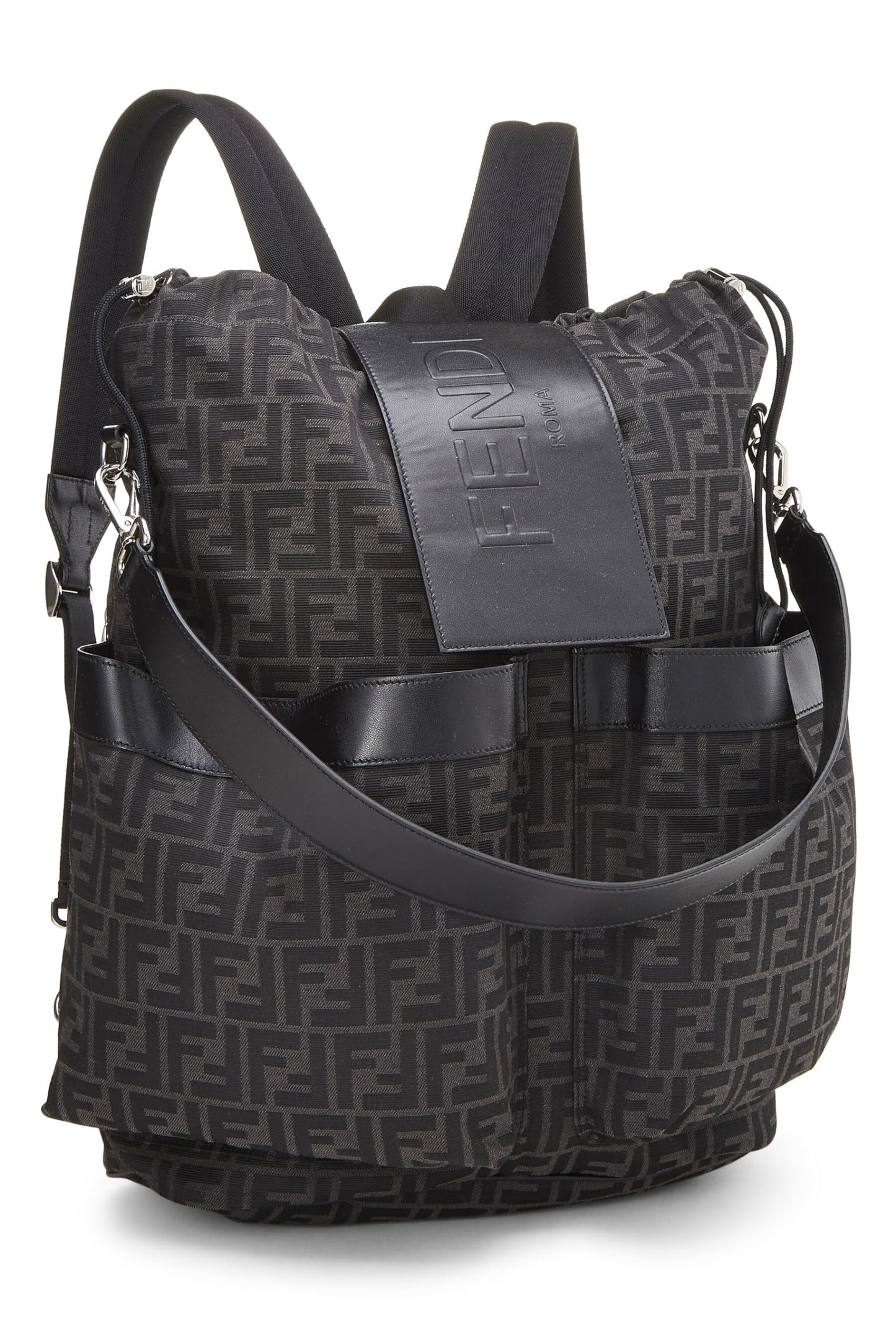 Fendi,  Black Zucca Double Pocket Backpack, Black