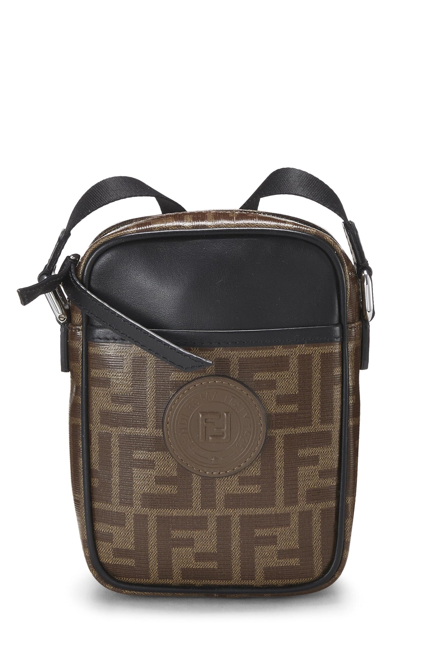 Fendi,  Brown Leather & Zucca Canvas Crossbody, Black