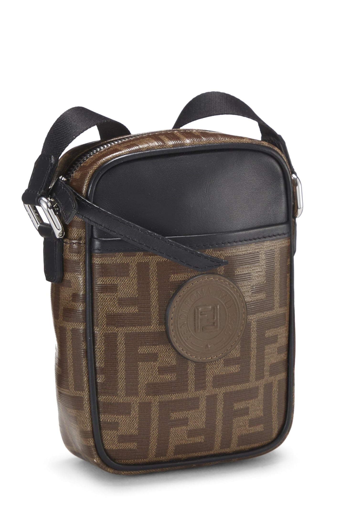 Fendi,  Brown Leather & Zucca Canvas Crossbody, Black