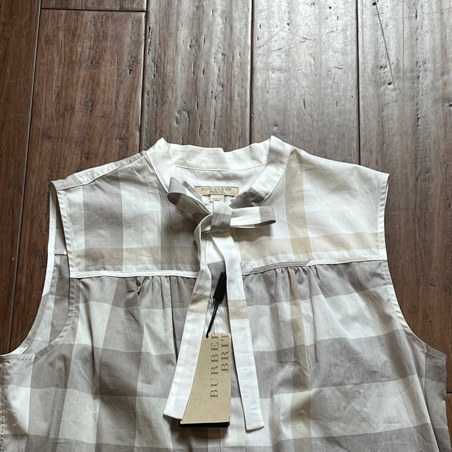 BURBERRY Mineral Gray Brit Cotton Check Sleeveless Blouse SZLG