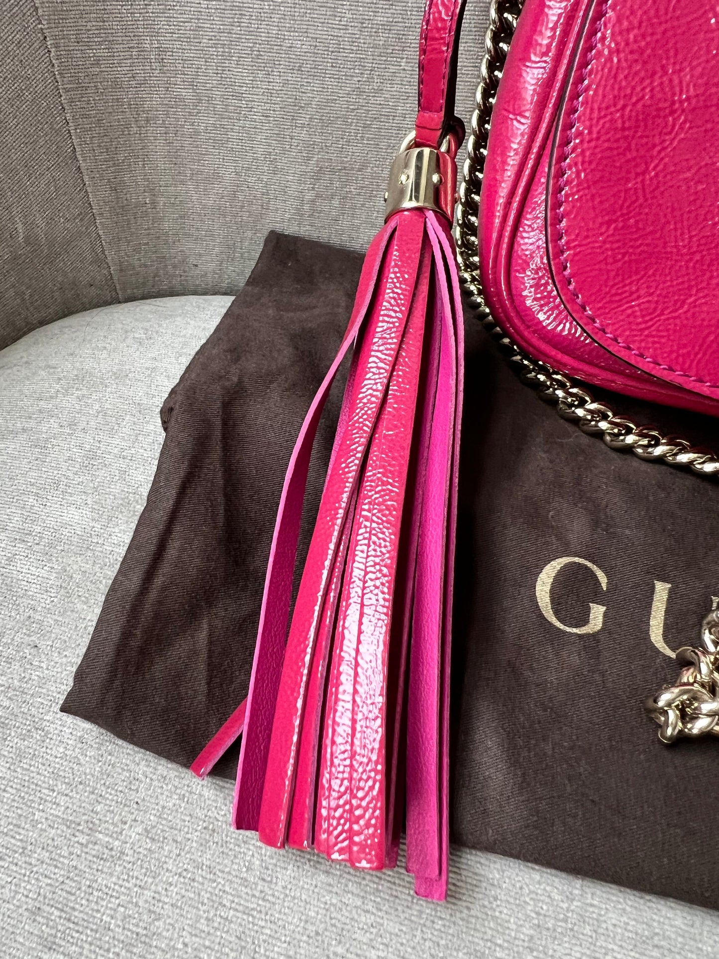 Gucci Pink Patent Mini Soho Chain Crossbody Flap Bag