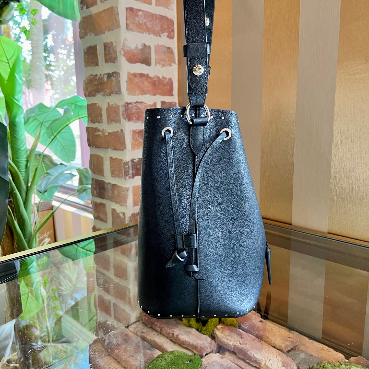 LOUIS VUITTON Black LockMe Studs Bucket Bag TS