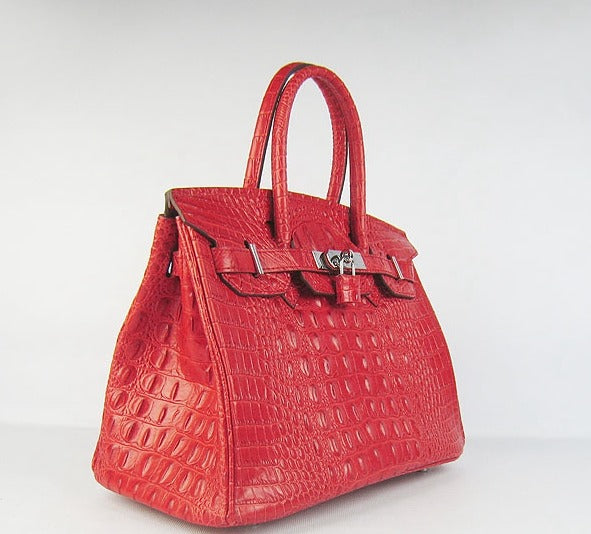 Hermes Birkin 30cm Crocodile Head Vein Handbags Red Silver