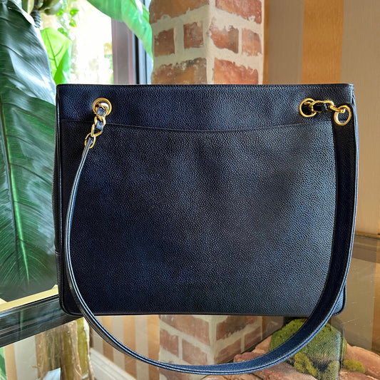 CHANEL Navy Blue Caviar Leather Timeless Chain Tote TS