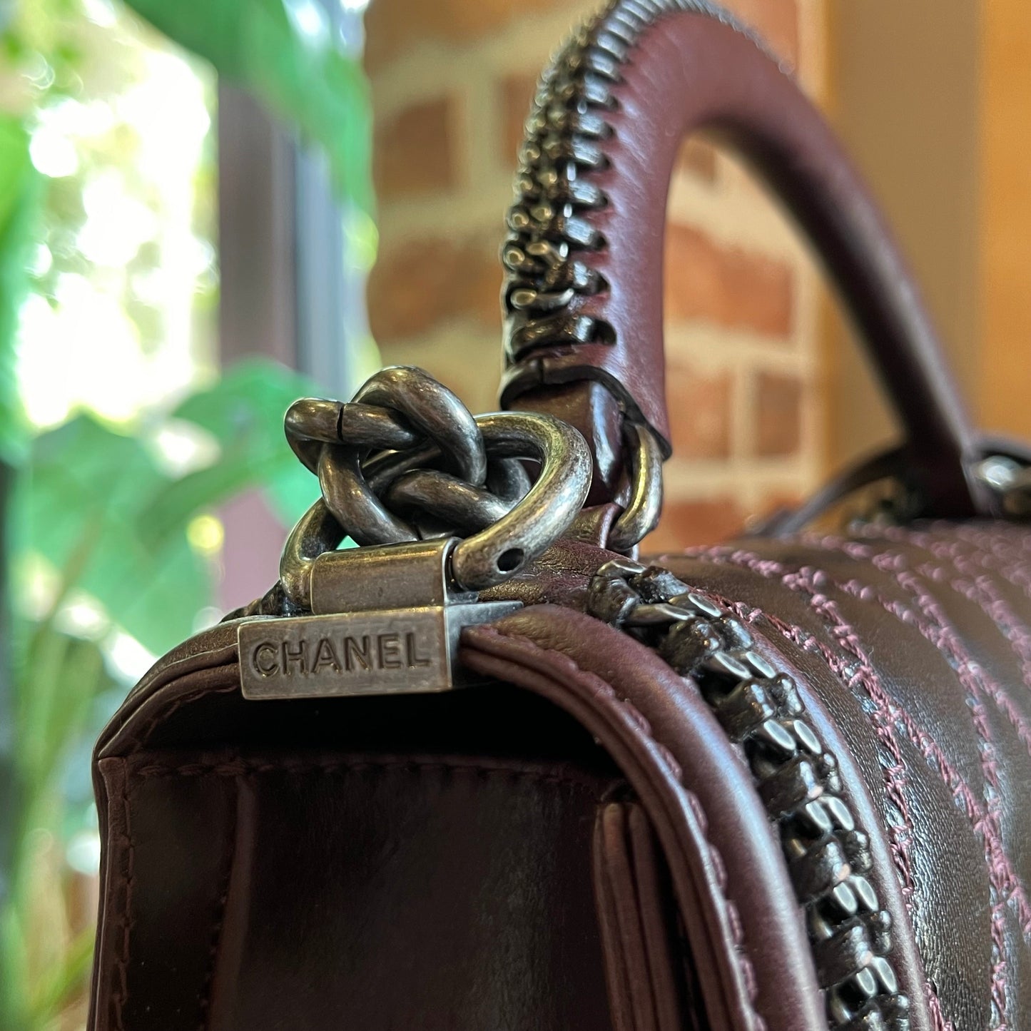 CHANEL Burgundy Goatskin Top Handle Boy Chain Large