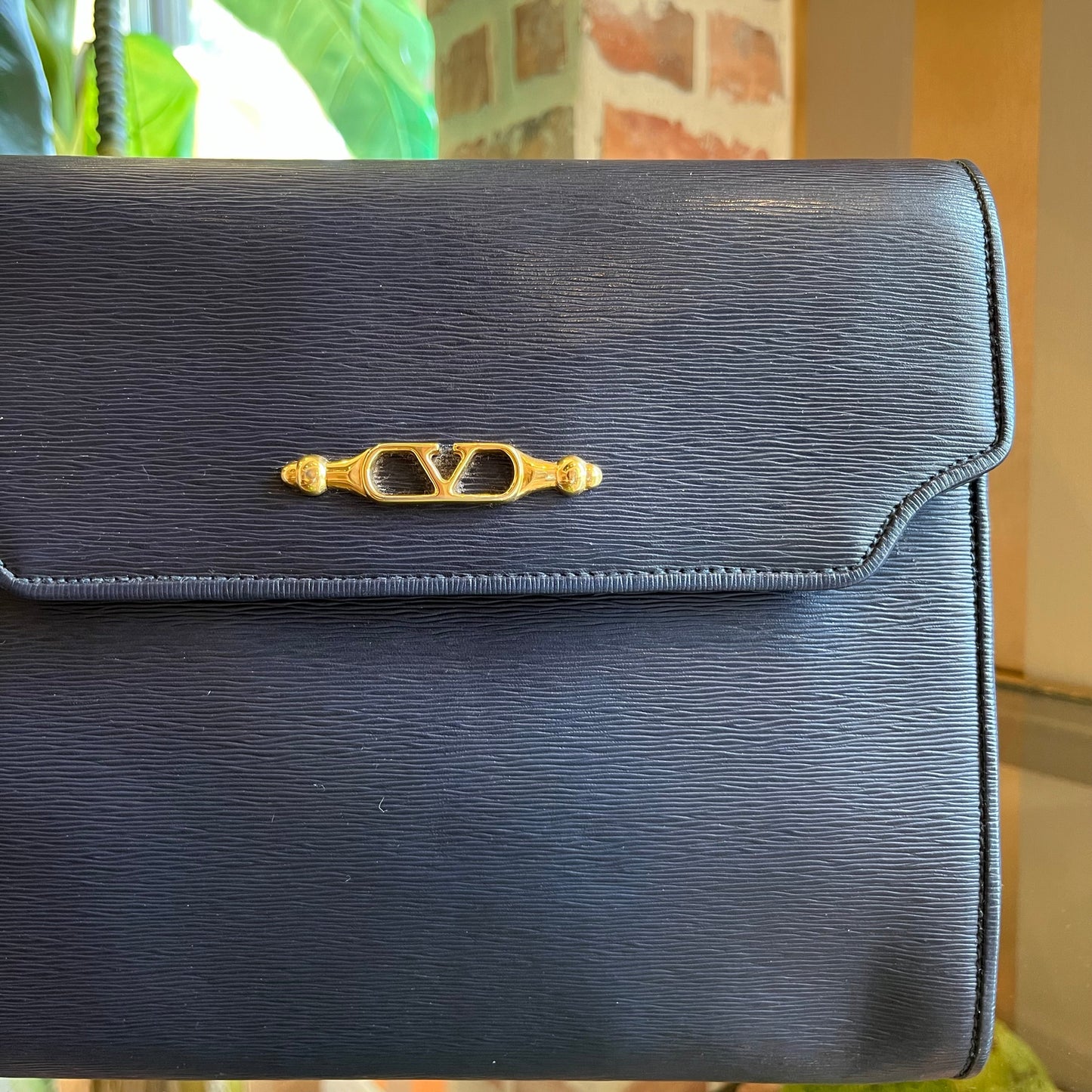 VALENTINO Navy Blue Vintage Textured Leather Crossbody