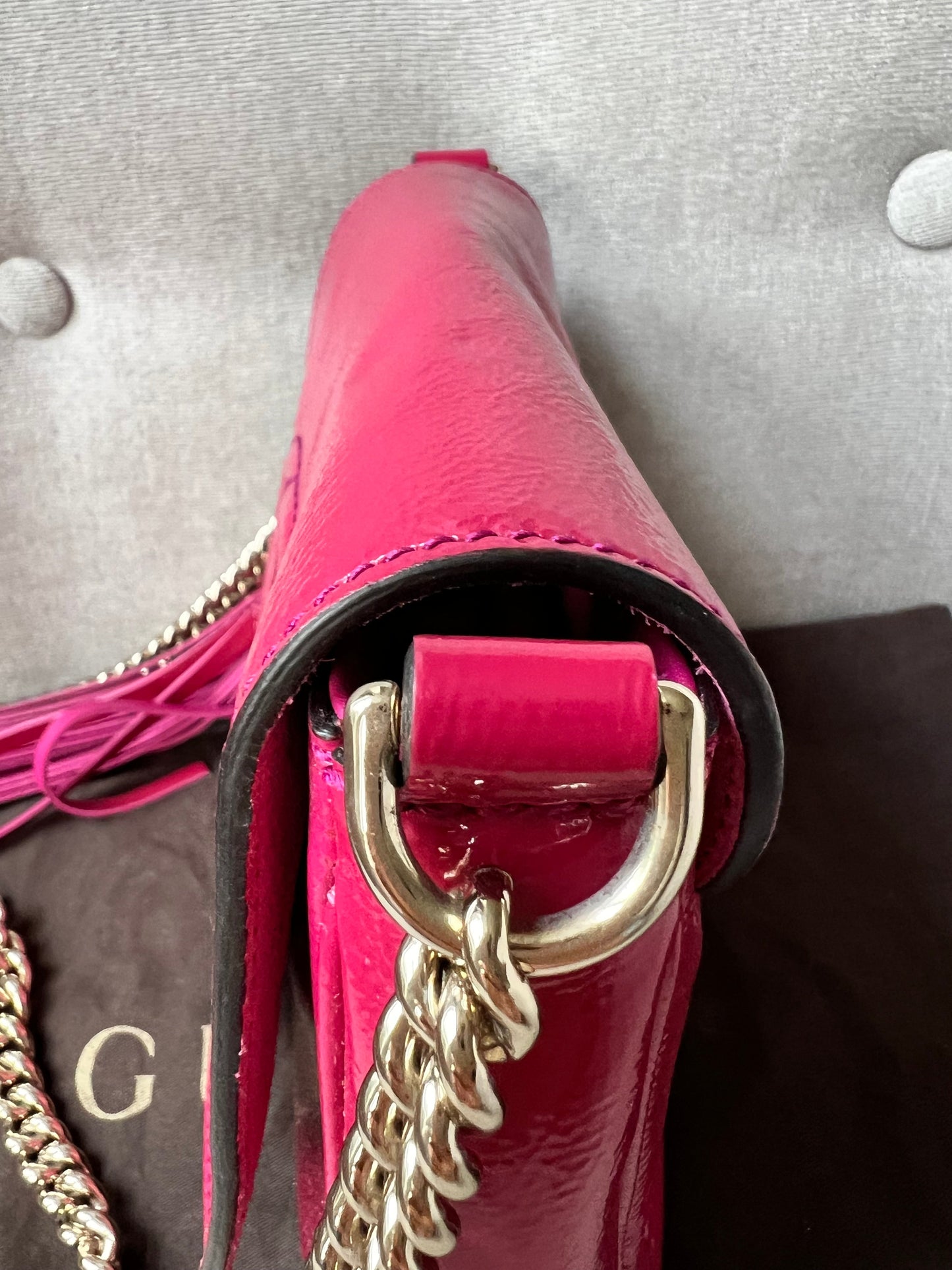 Gucci Pink Patent Mini Soho Chain Crossbody Flap Bag