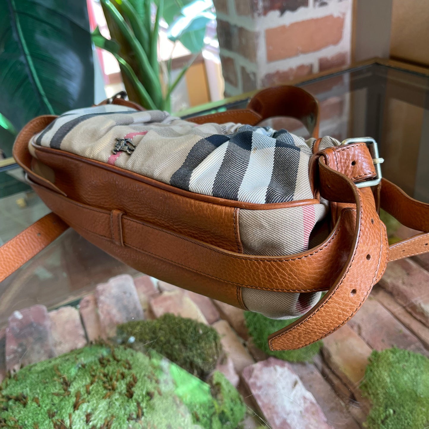 BURBERRY Check Brown Leather Shoulder Bag