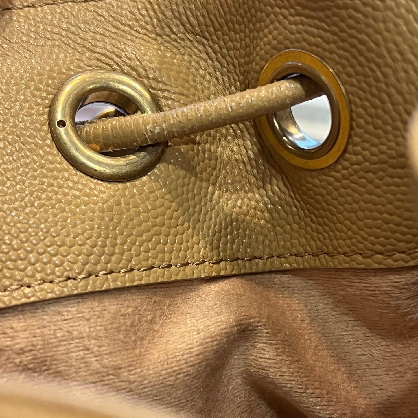 CHANEL Deauville Beige Caviar Leather Drawstring Bucket Bag