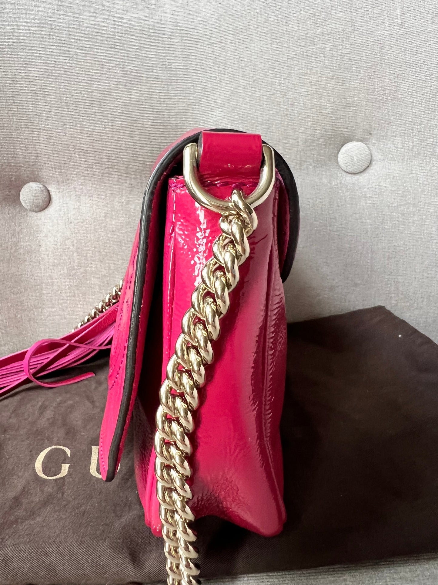 Gucci Pink Patent Mini Soho Chain Crossbody Flap Bag