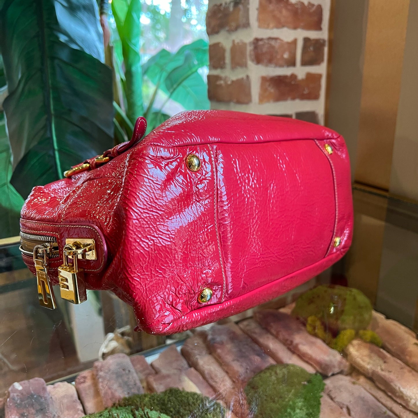 PRADA Fuschia Crinkled Patent Leather Satchel Bag