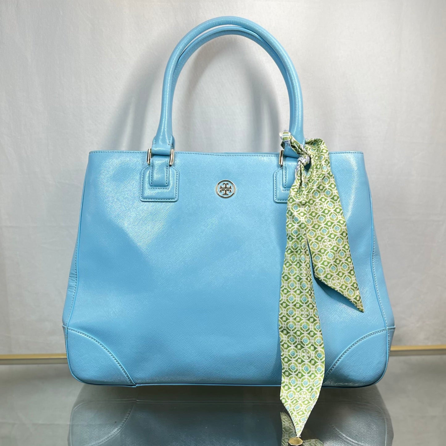 TORY BURCH Light Blue Patent Leather Robison Tote