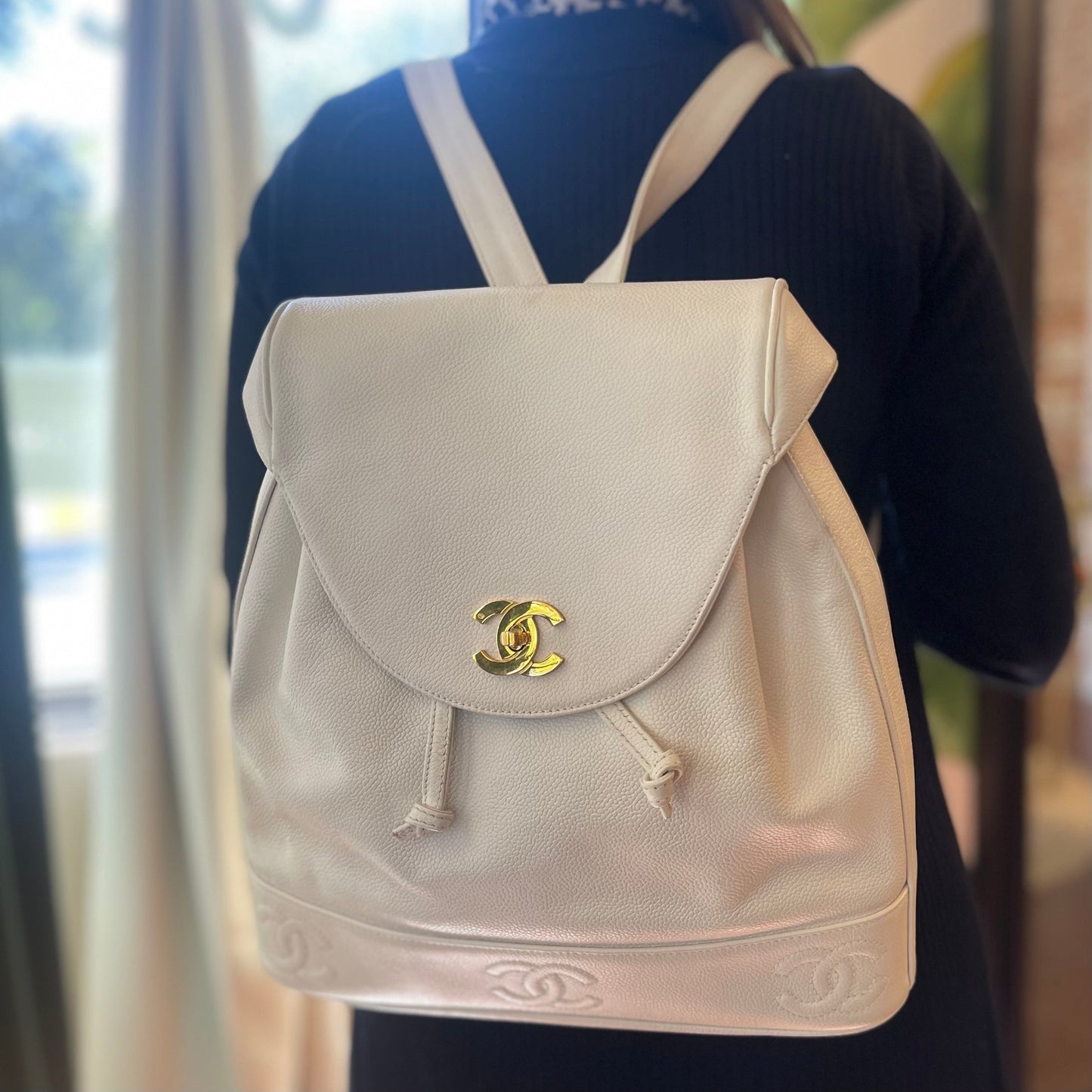 CHANEL White Caviar Leather Triple CC Backpack