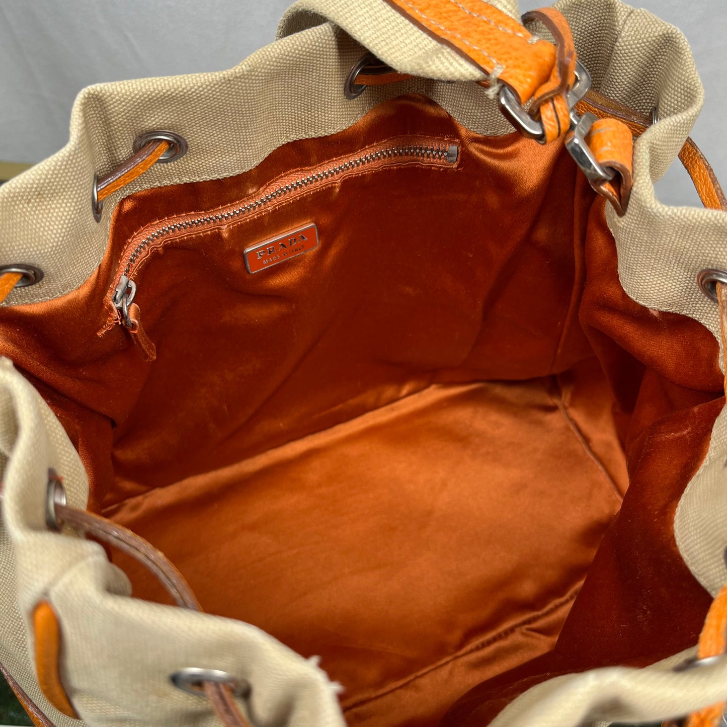 PRADA Leather & Canvas Drawstring Orange Bucket Bag TS3776