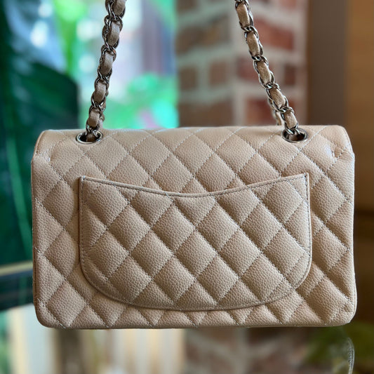 CHANEL Small Double Flap Beige Caviar Quilted Shoulder Bag