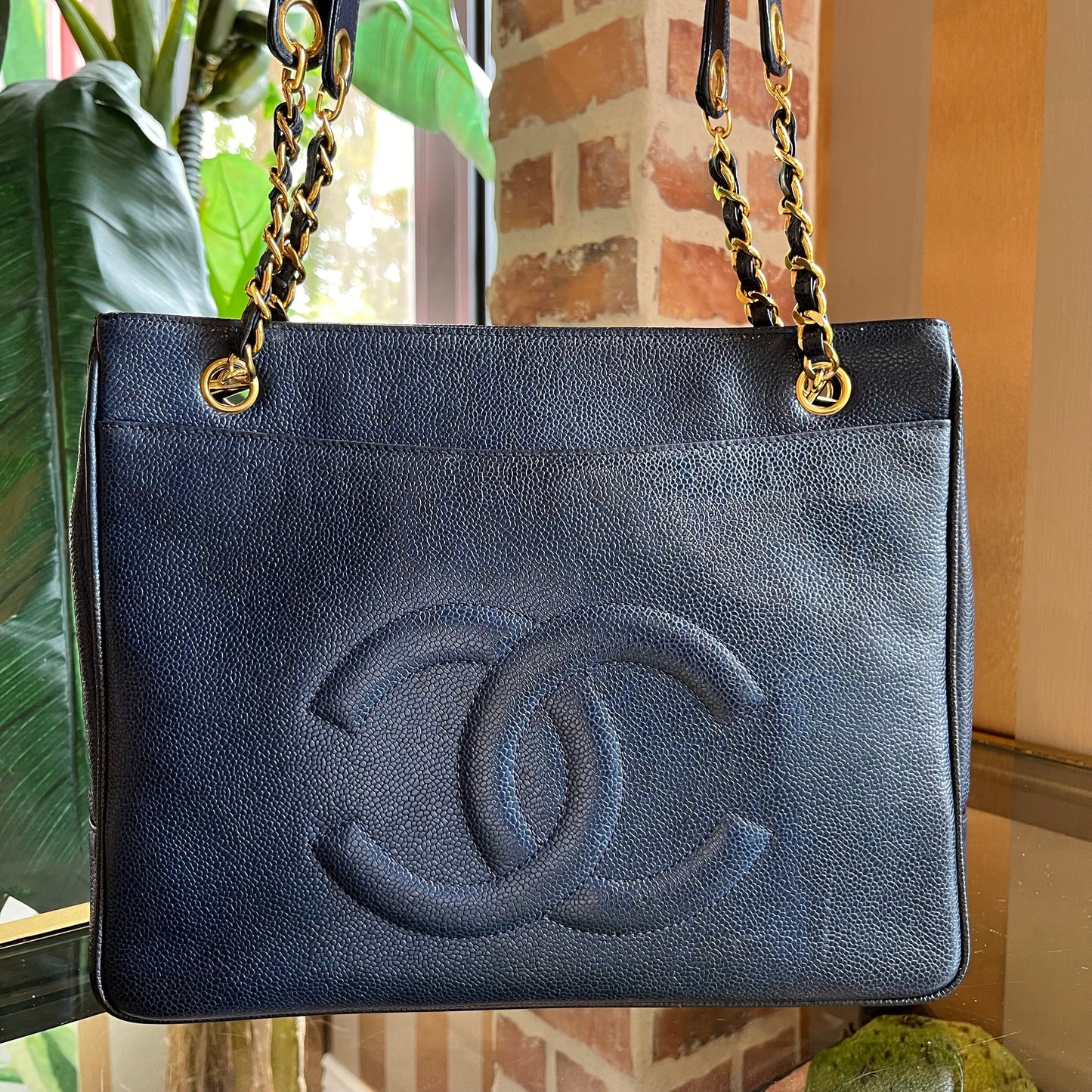 CHANEL Navy Blue Caviar Leather Timeless Chain Tote TS