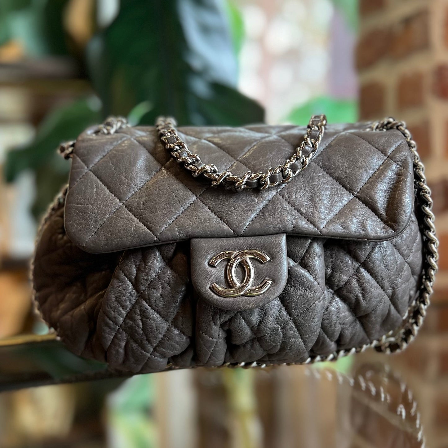 CHANEL Dark Grey Washed Lambskin Quilted Medium Chain Around Messenger ADI1056