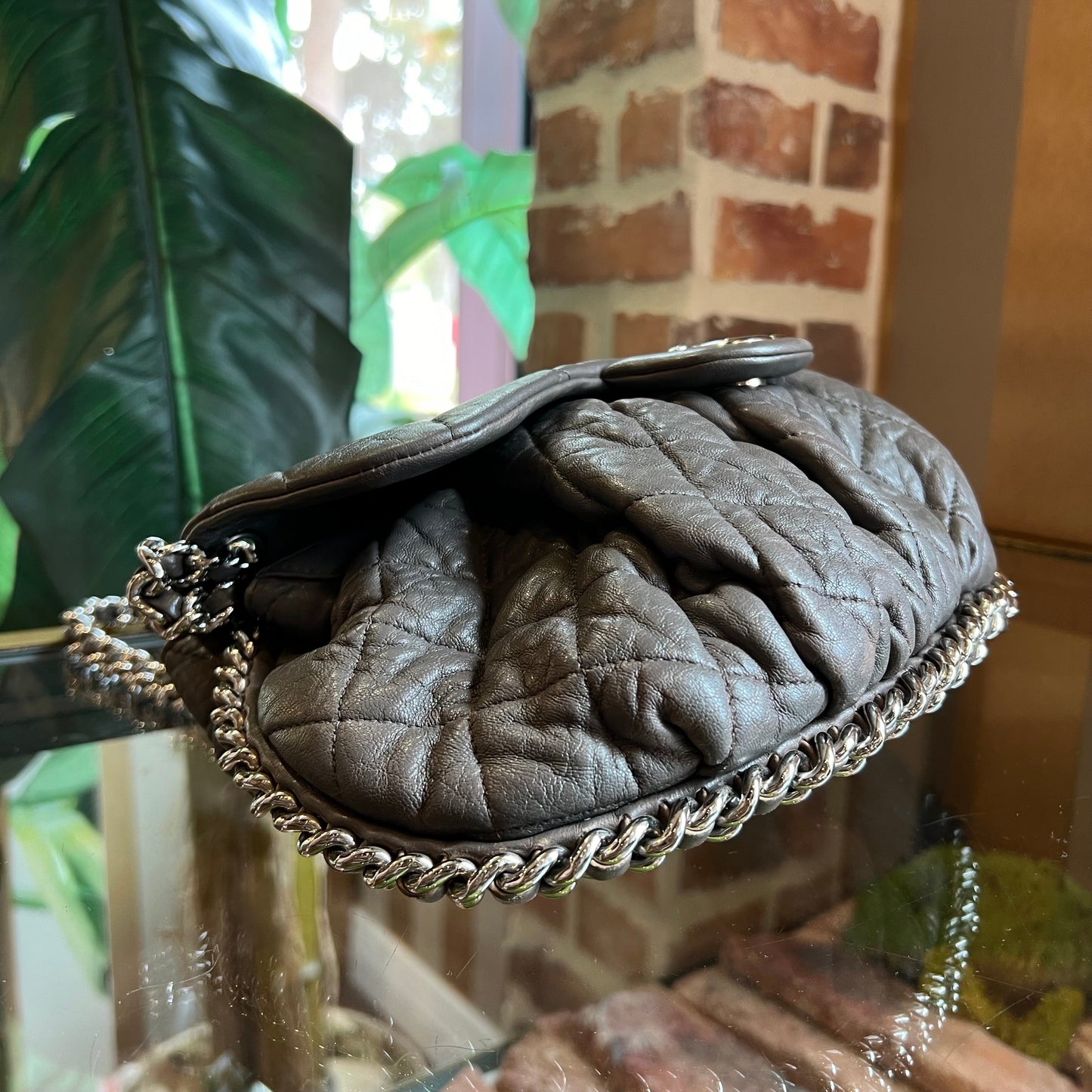 CHANEL Dark Grey Washed Lambskin Quilted Medium Chain Around Messenger ADI1056