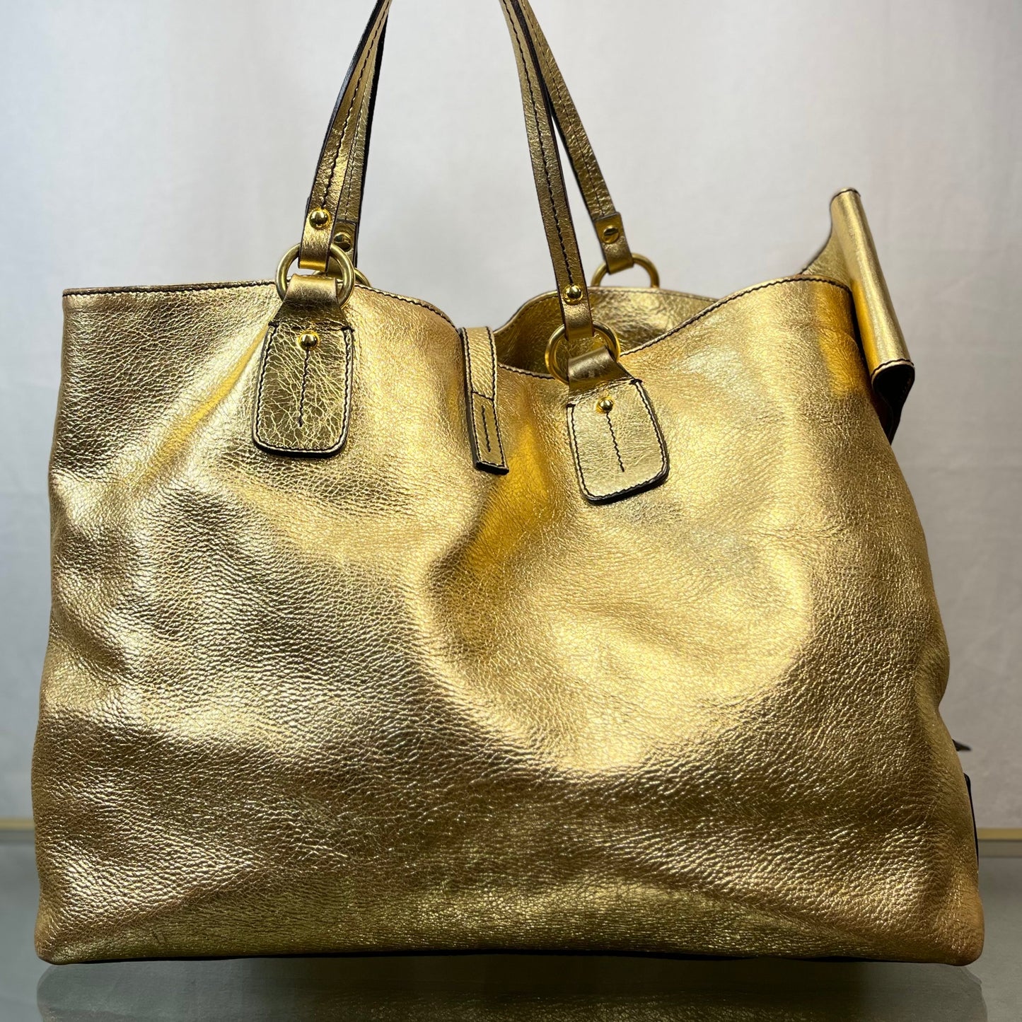 VALENTINO Metallic Gold Leather Bow Shopper Tote Bag