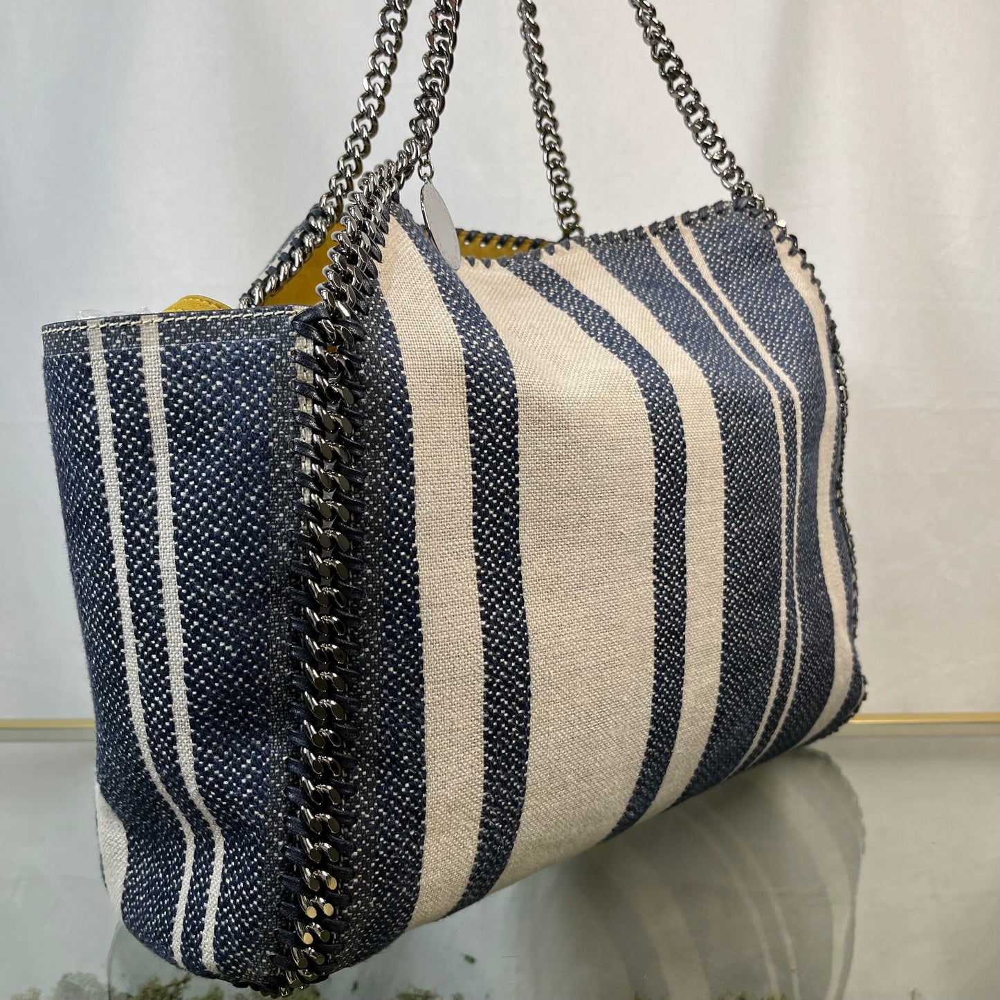 STELLA MCCARTNEY Falabella Reversible Blue Stripe/Yellow Suede Tote