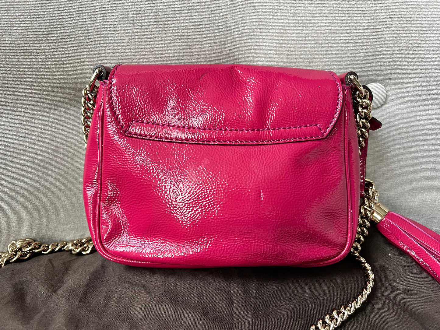 Gucci Pink Patent Mini Soho Chain Crossbody Flap Bag