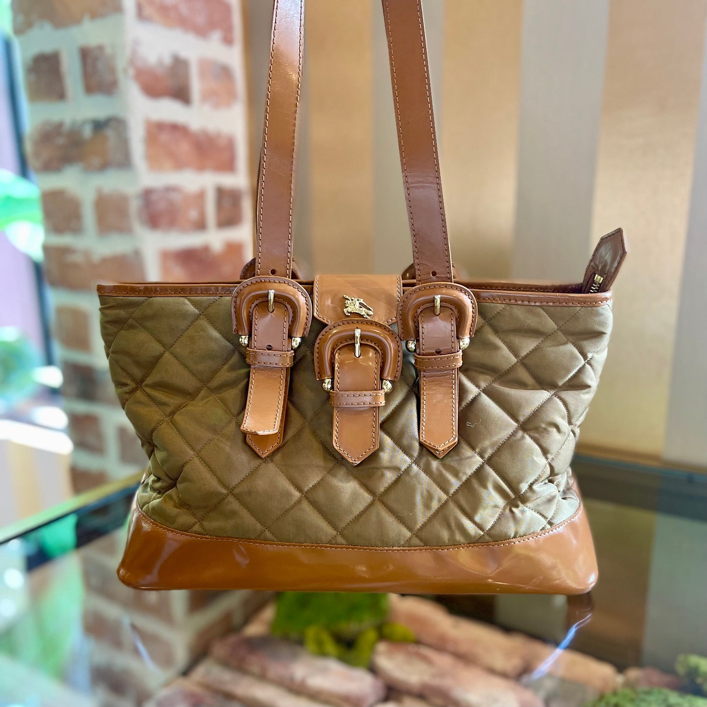 BURBERRY Brown Nylon Quilted Buckle Tote