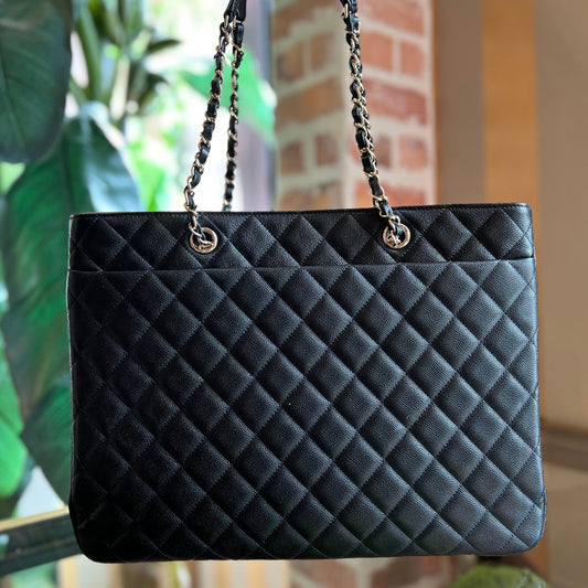 CHANEL Black Caviar Quilted Large Shopping Tote