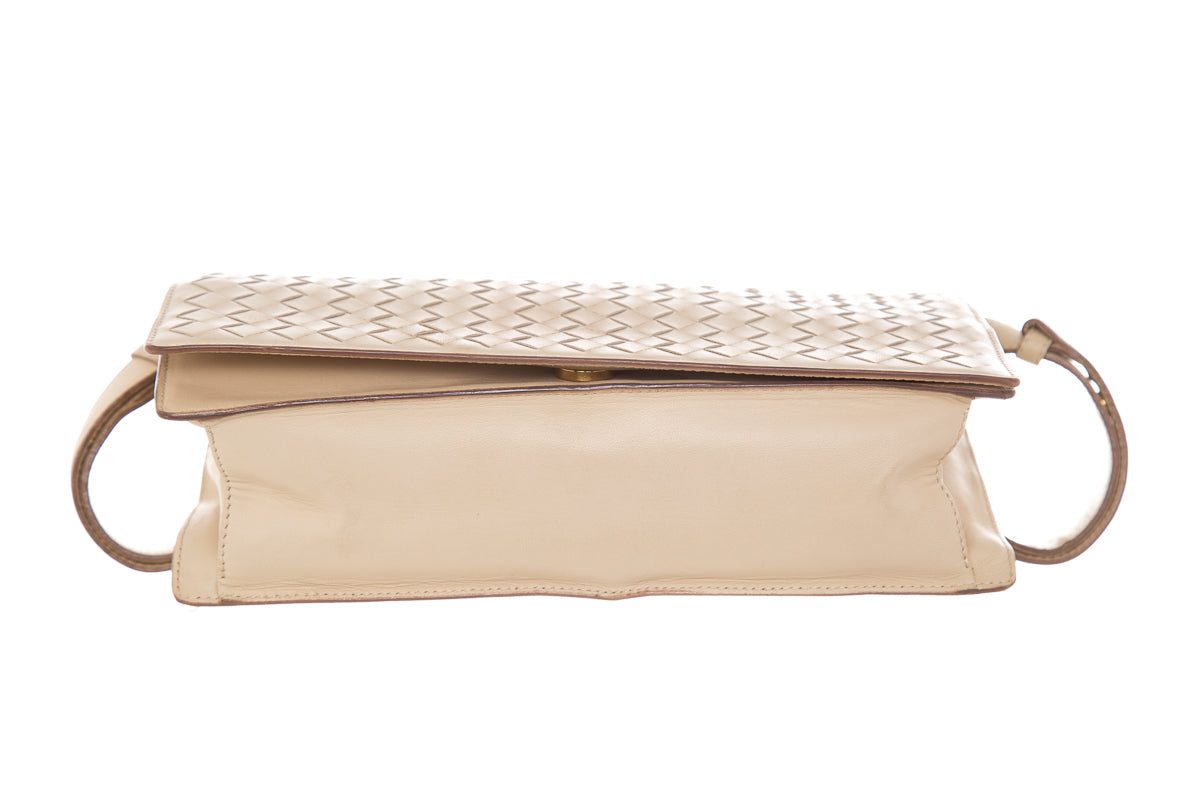 Bottega Veneta Beige Intrecciato Flap Leather Shoulder