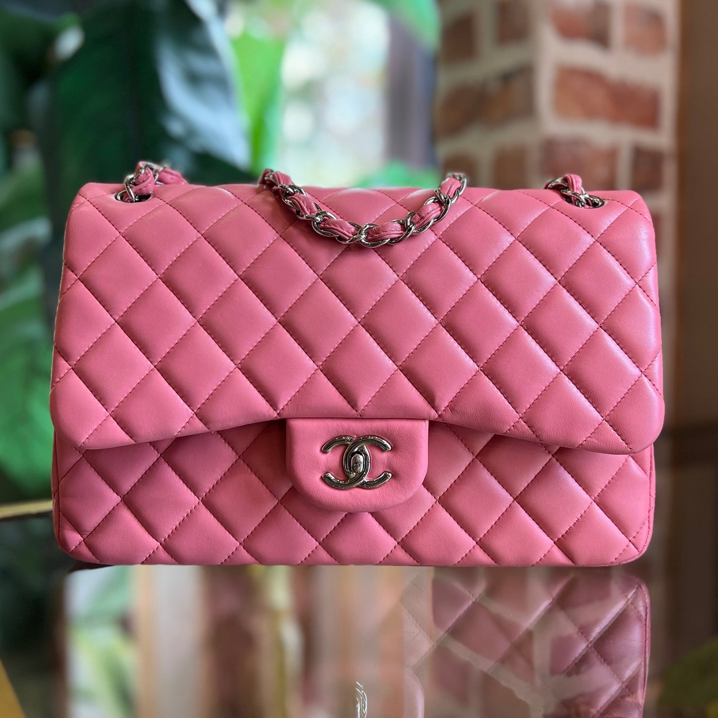 CHANEL Double Flap Jumbo Pink Lambskin Shoulder Bag