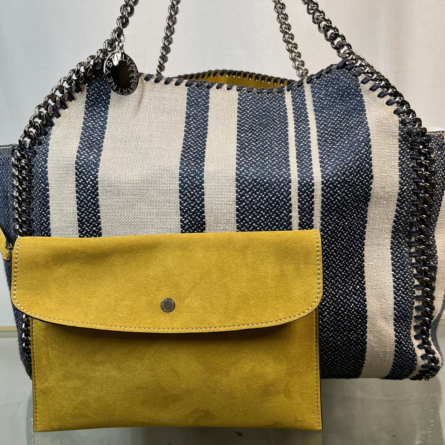 STELLA MCCARTNEY Falabella Reversible Blue Stripe/Yellow Suede Tote