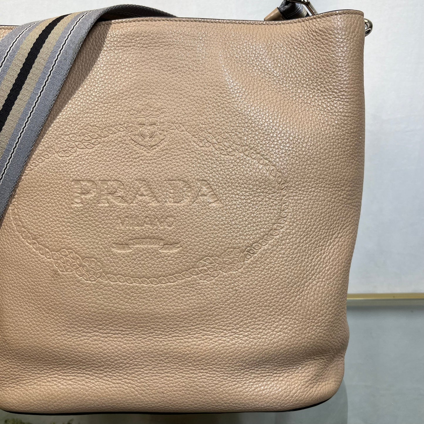 PRADA Vitello Phenix Bucket Crossbody Sand