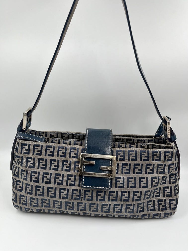 Vintage Fendi Shoulder Bag Beige / Navy Zucca Canvas