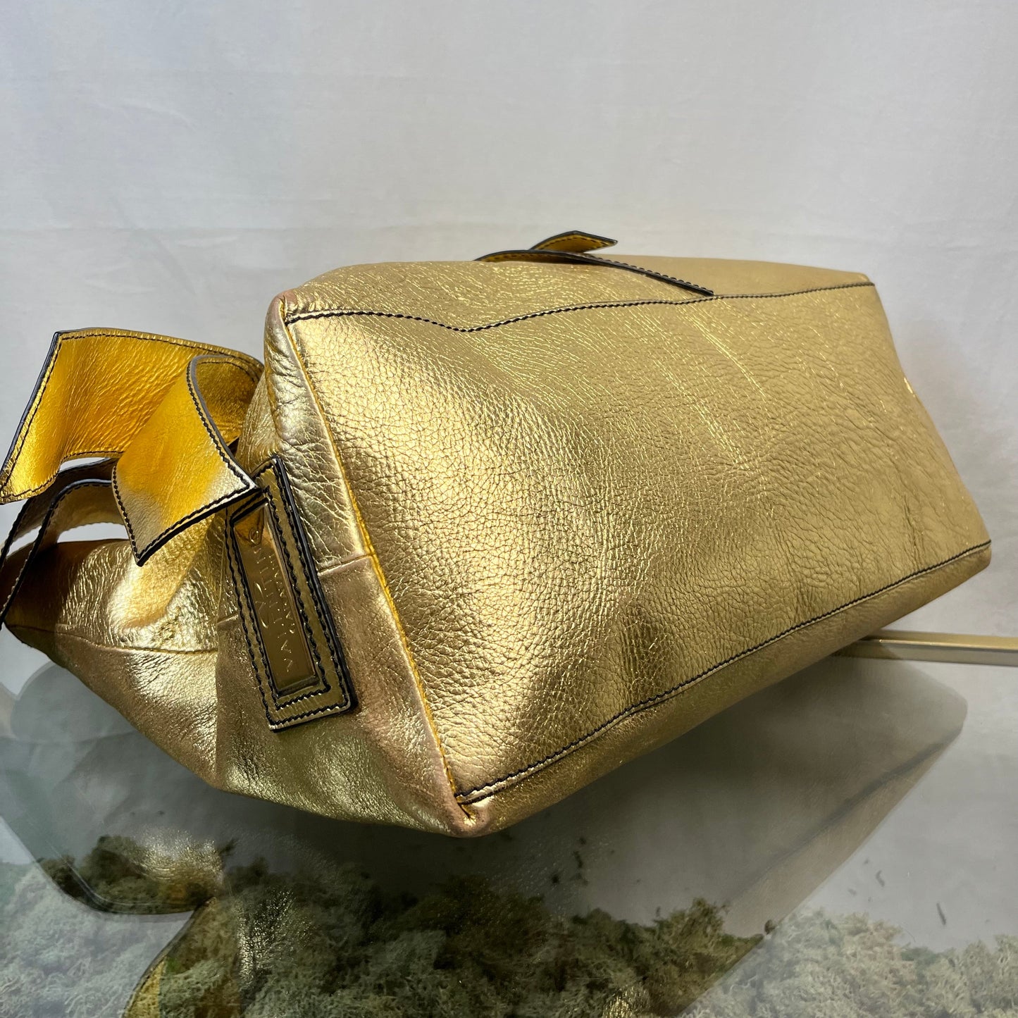 VALENTINO Metallic Gold Leather Bow Shopper Tote Bag