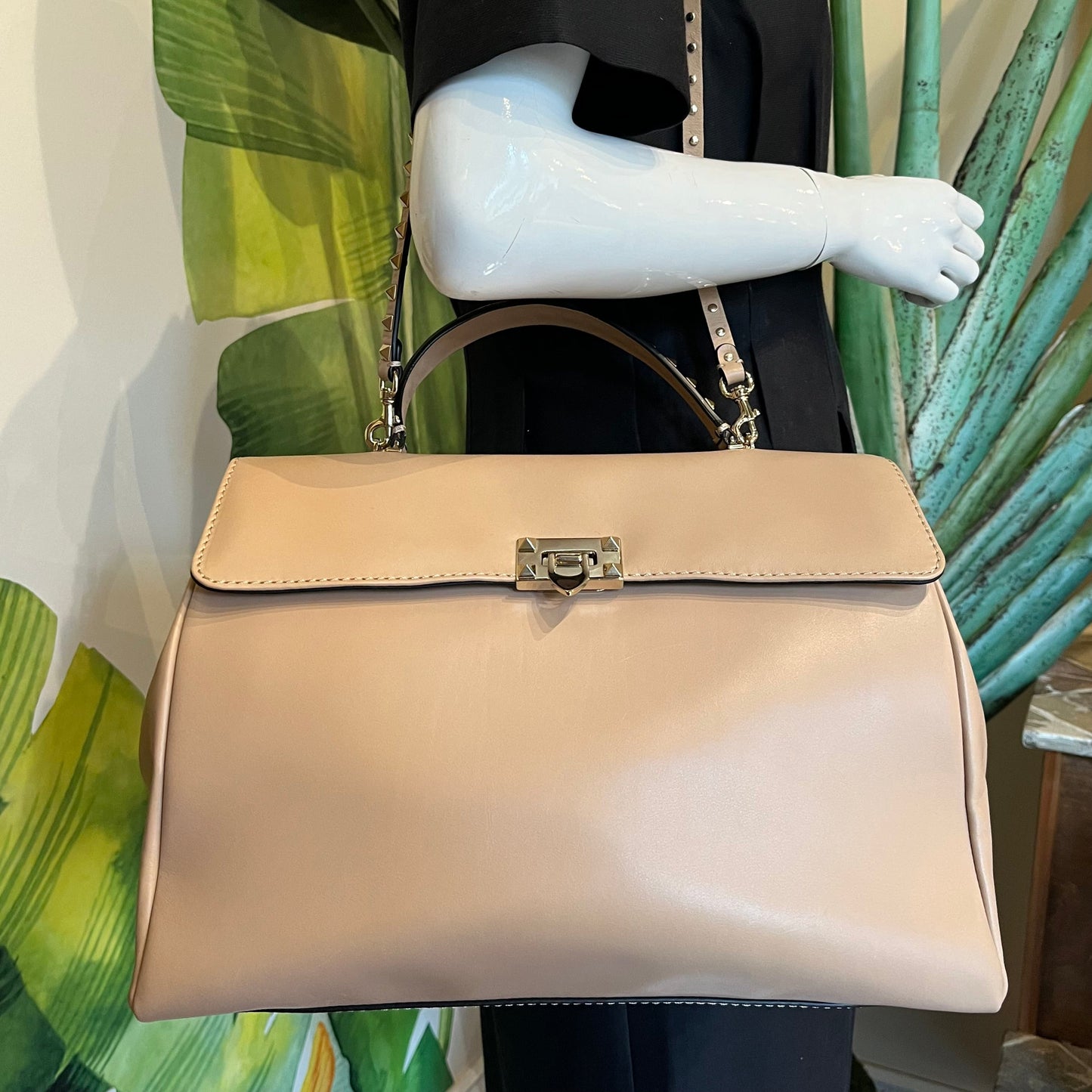 VALENTINO Rockstud Beige Leather Top Handle