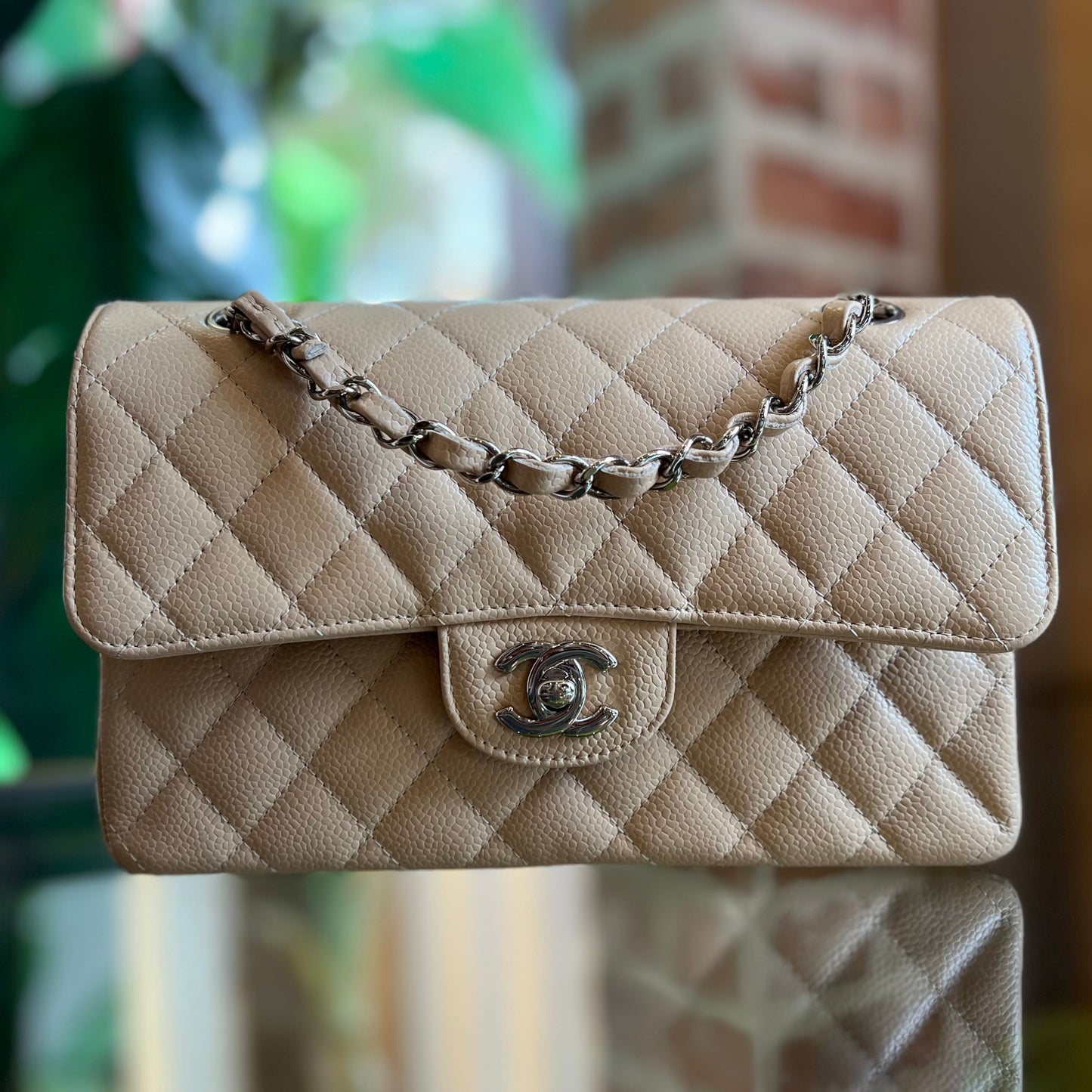 CHANEL Small Double Flap Beige Caviar Quilted Shoulder Bag