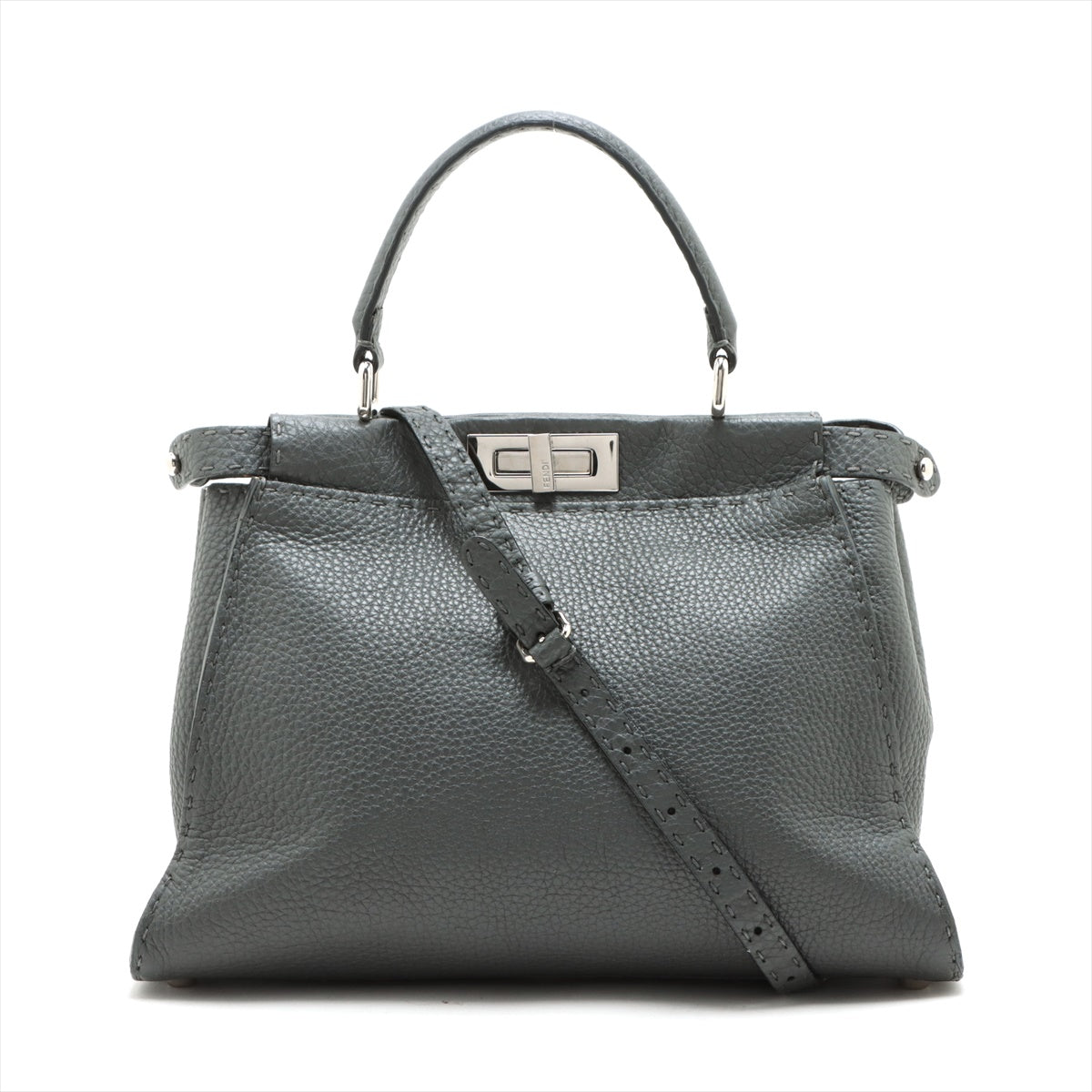 Fendi Peekaboo Regular Selleria Leather 2 Way Handbag Gray 8BN226 #1724